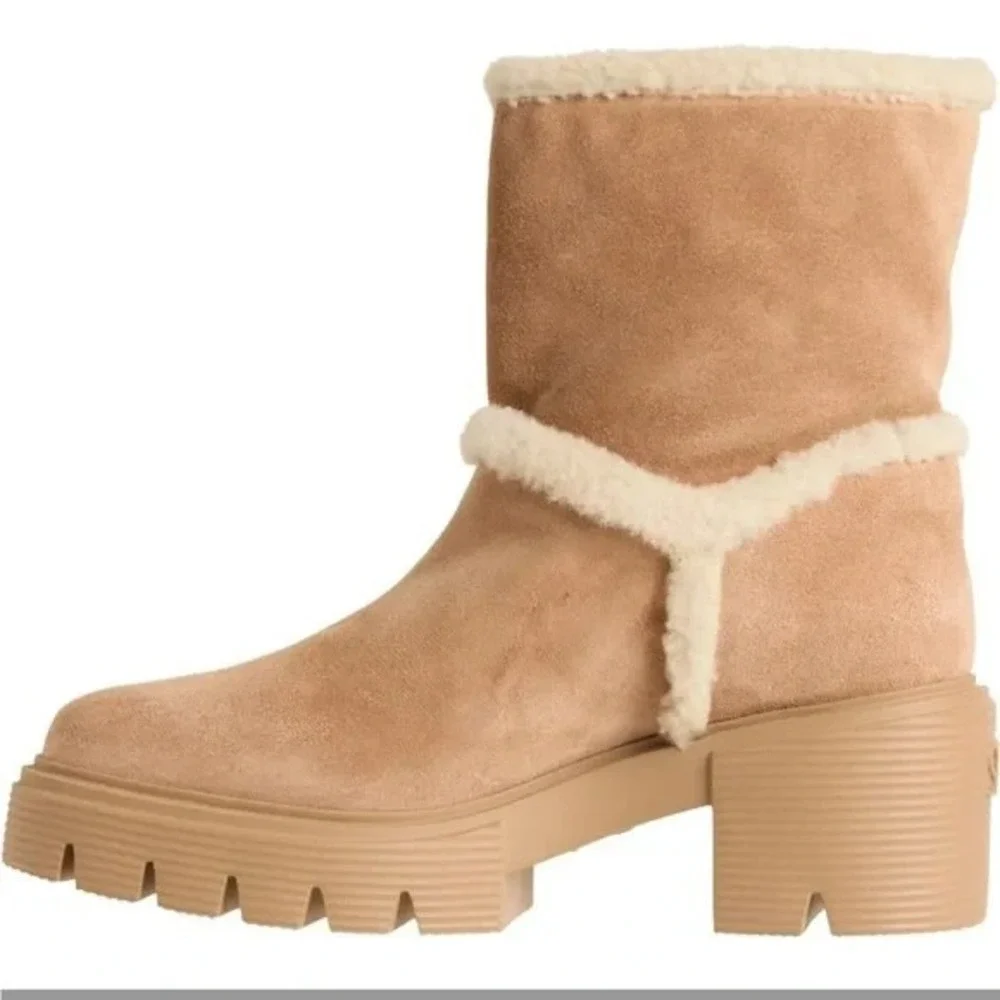 Stuart Weitzman Lennox Bootie Shearling‎ Boots Sz 10 Tan Suede Chunky Block Heel - Picture 3 of 8
